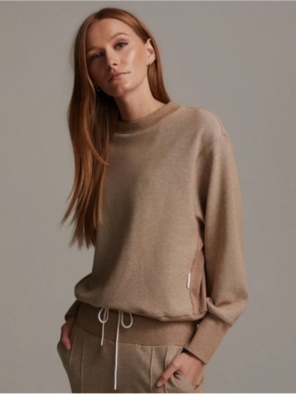 Varley Edith Sweatshirt Taupe Beige Ribbed Hem Drawstring S